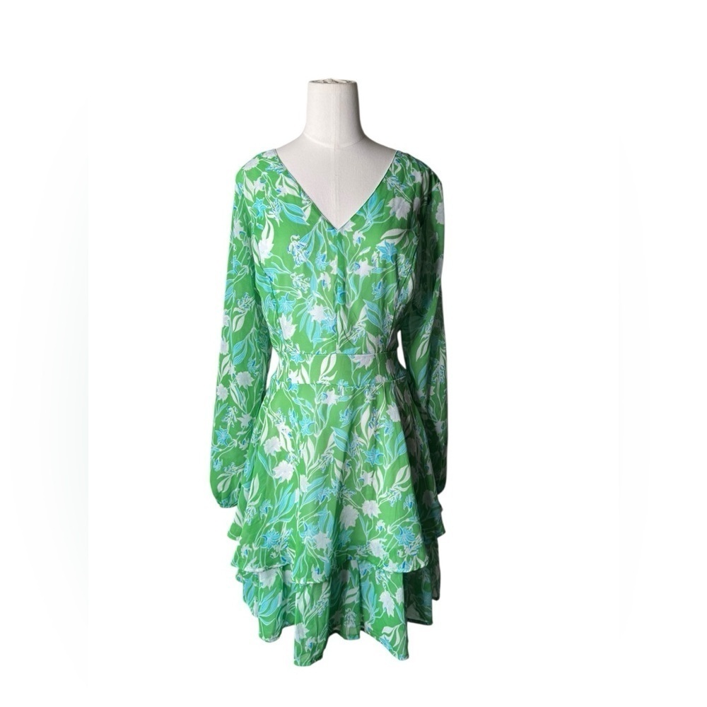 Jessica Simpson Green Women's Floral LS A-Line Midi Dress XL Polyester EUC - Picture 3 of 6